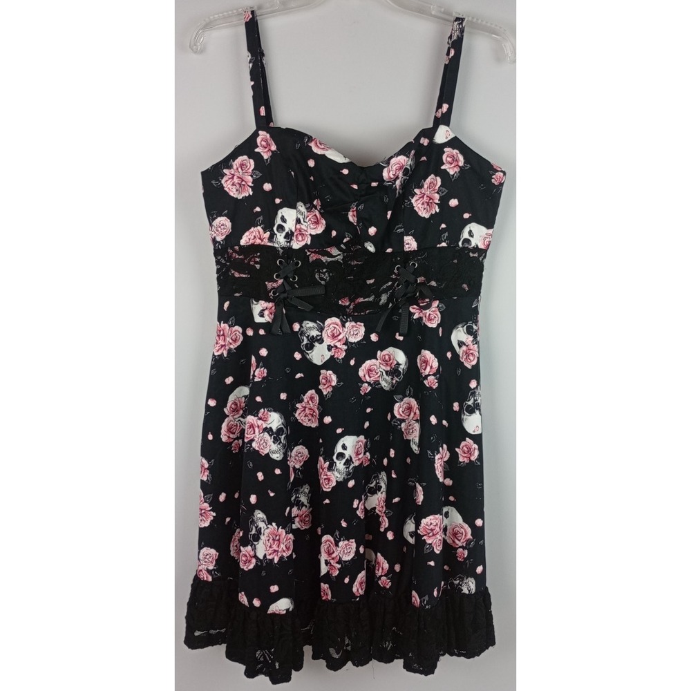 Hot Topic Womens L Black Pink Roses Skull Sleeveless Lace Detail Sundress
